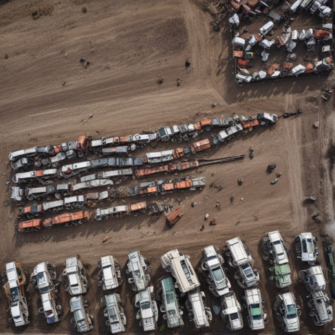 A towing yard captured from a high vantage point, revealing a landscape with piles of scrap metal and parked vehicles.