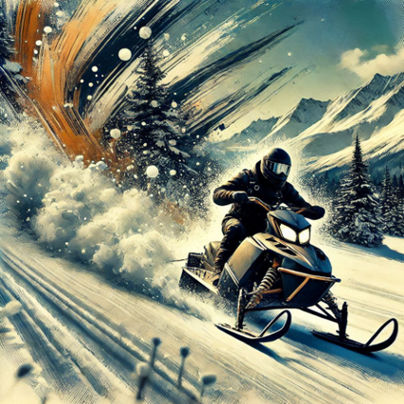 A Timbersled rider carving through a snow-covered mountain trail with bold, dynamic brushstroke-inspired art in the background.