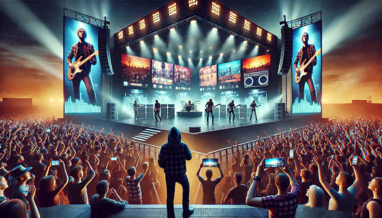 A vibrant outdoor concert at night, with a band on stage, large and small screens, and an excited fan watching up close.