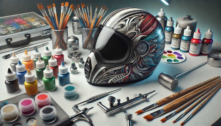 Skydiving helmet being customized with paint, vinyl wraps, and tools.